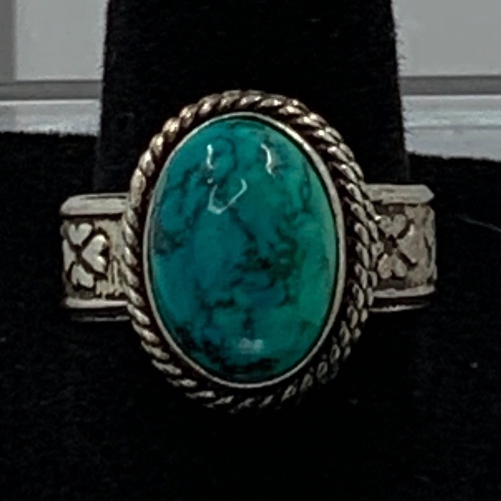 Vintage Unbranded Turquoise Floral Scroll Band Silver Tone Ring Size 8.75